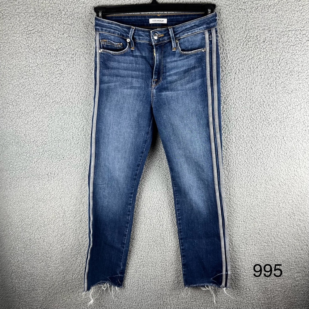 Good American Size 2/26 Raw Hem‎ Good Legs Athletic Side Stripe Skinny Jeans